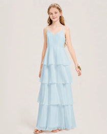 Baby Blue Junior Bridesmaid Dress Detachable Cape Tiered Chiffon Floor-Length Gown Front View