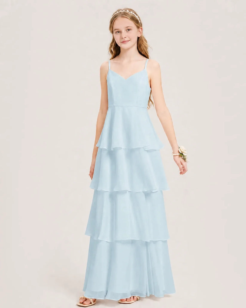 Baby Blue Chiffon Tiered A-line Junior Bridesmaid Dress Front View