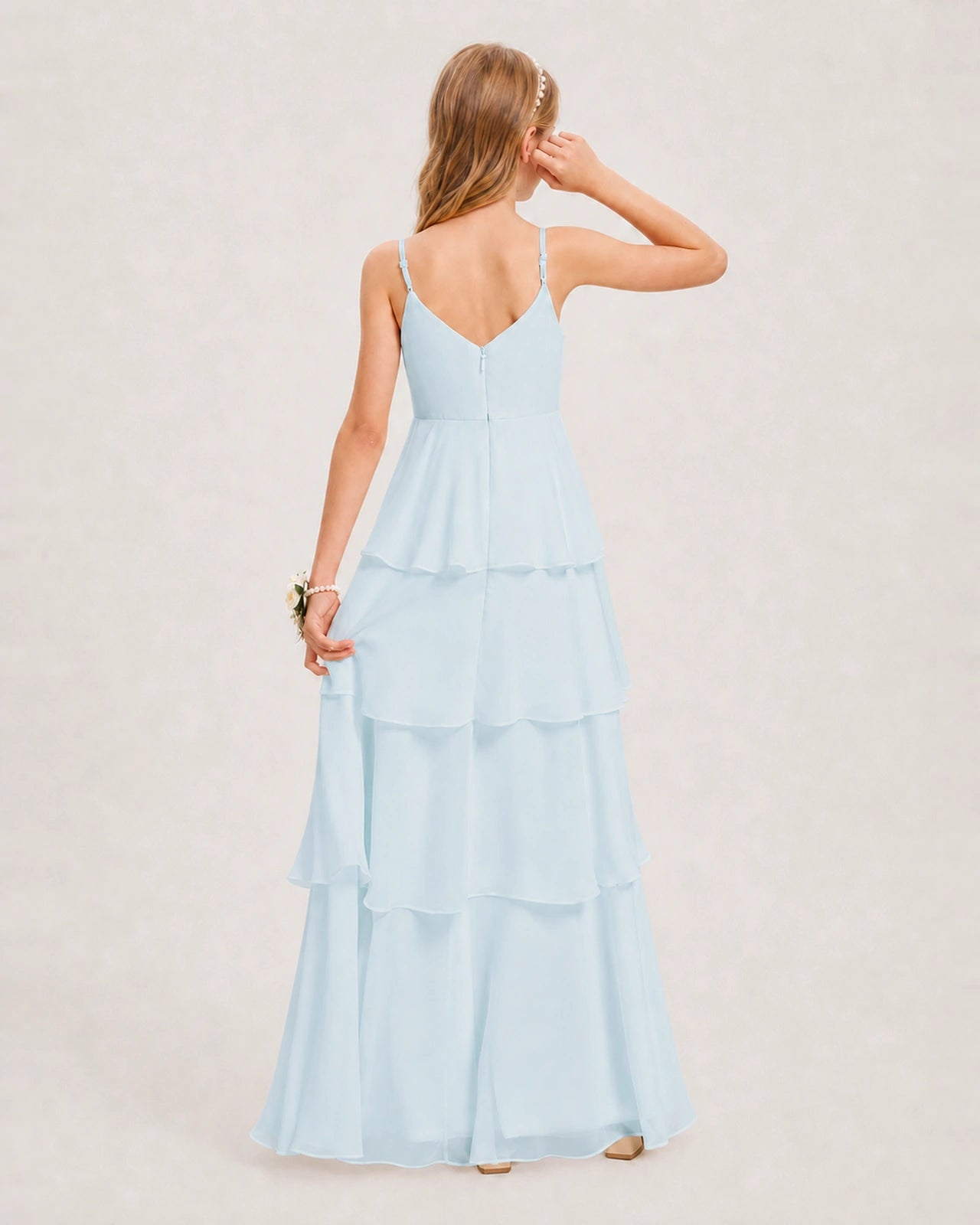 Baby Blue Junior Bridesmaid Dress Detachable Cape Tiered Chiffon Floor-Length Gown Back View