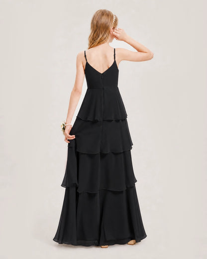 Black Junior Bridesmaid Dress Detachable Cape Tiered Chiffon Floor-Length Gown Back View