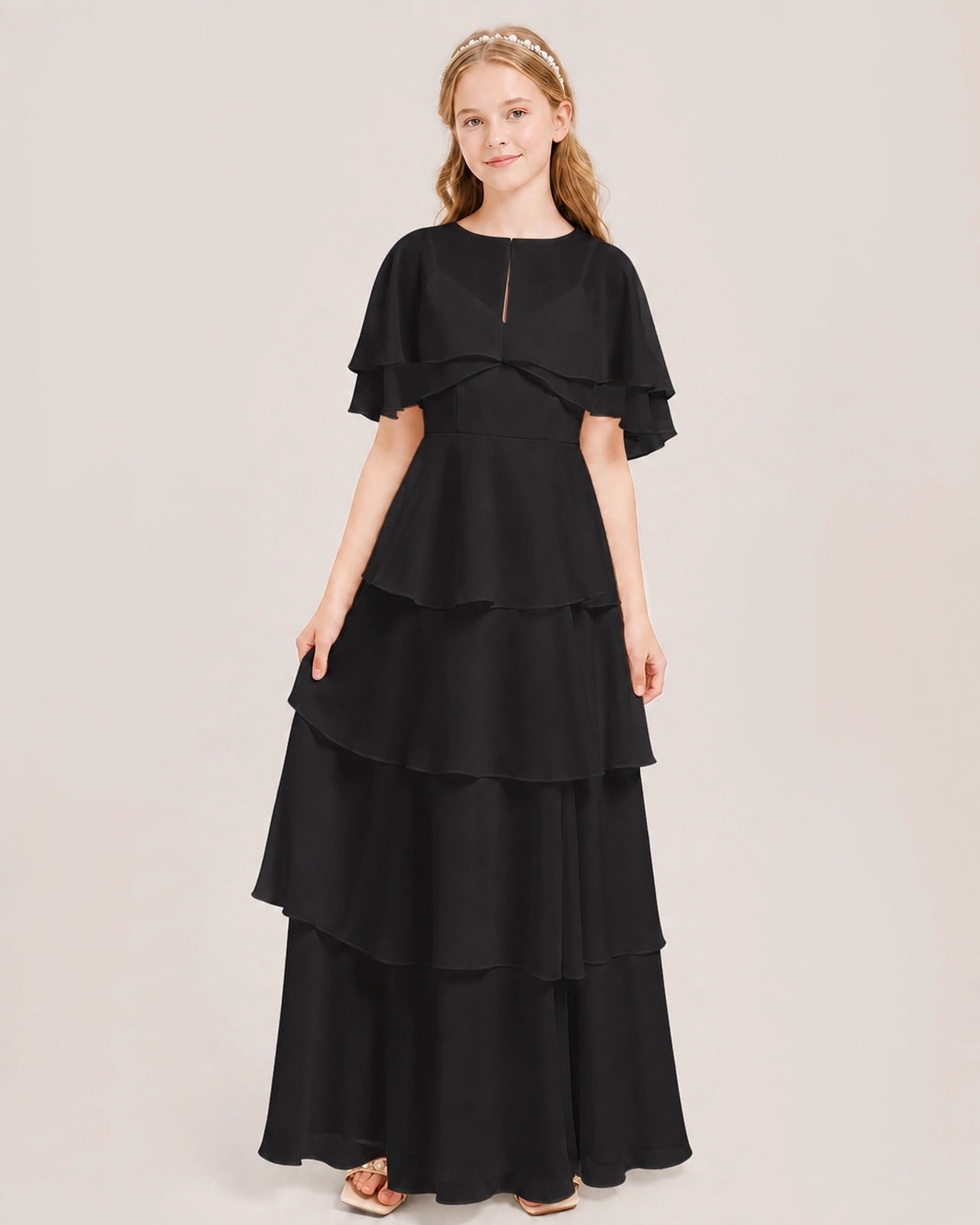 Black Junior Bridesmaid Dress Detachable Cape Tiered Chiffon Floor-Length Gown Front View