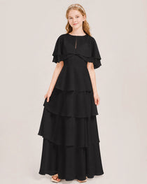 Black Junior Bridesmaid Dress Detachable Cape Tiered Chiffon Floor-Length Gown Front View