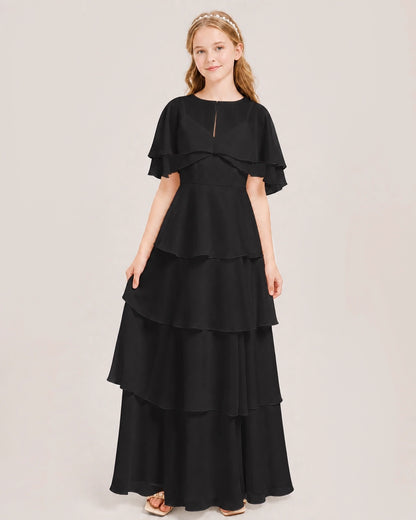 Black Junior Bridesmaid Dress Detachable Cape Tiered Chiffon Floor-Length Gown Front View