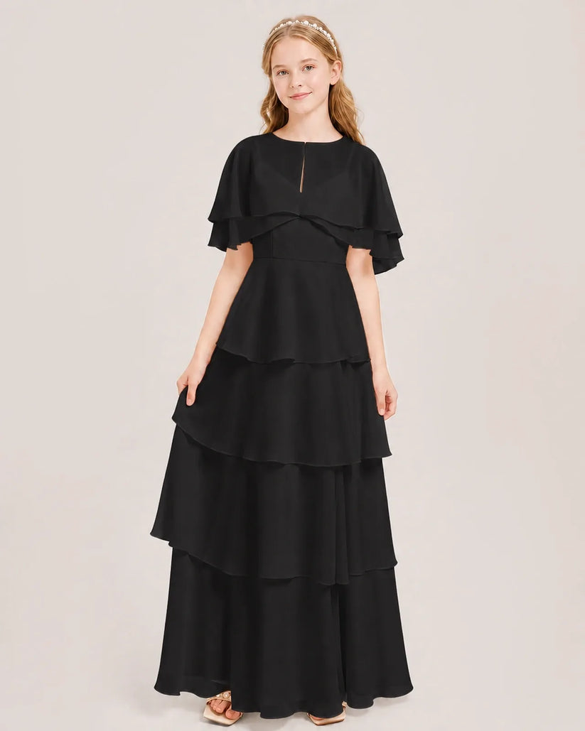 Black Chiffon A-line Junior Bridesmaid Dress Front View