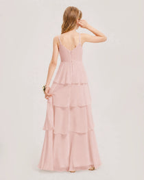 Blush Pink Junior Bridesmaid Dress Detachable Cape Tiered Chiffon Floor-Length Gown Back View