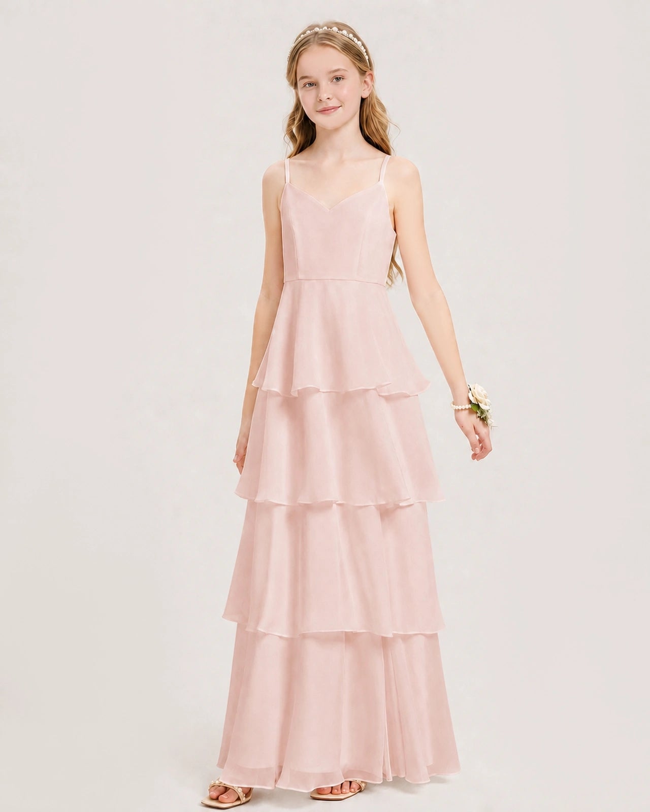 Blush Pink Junior Bridesmaid Dress Detachable Cape Tiered Chiffon Floor-Length Gown Front View