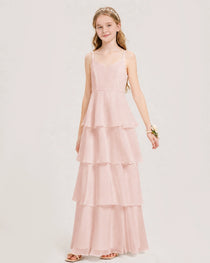 Blush Pink Junior Bridesmaid Dress Detachable Cape Tiered Chiffon Floor-Length Gown Front View
