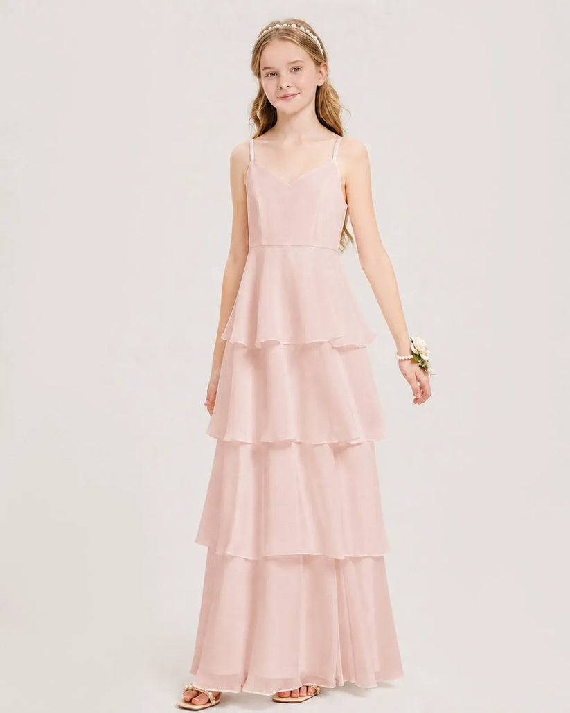 Blush Pink Chiffon Tiered A-line Junior Bridesmaid Dress Front View