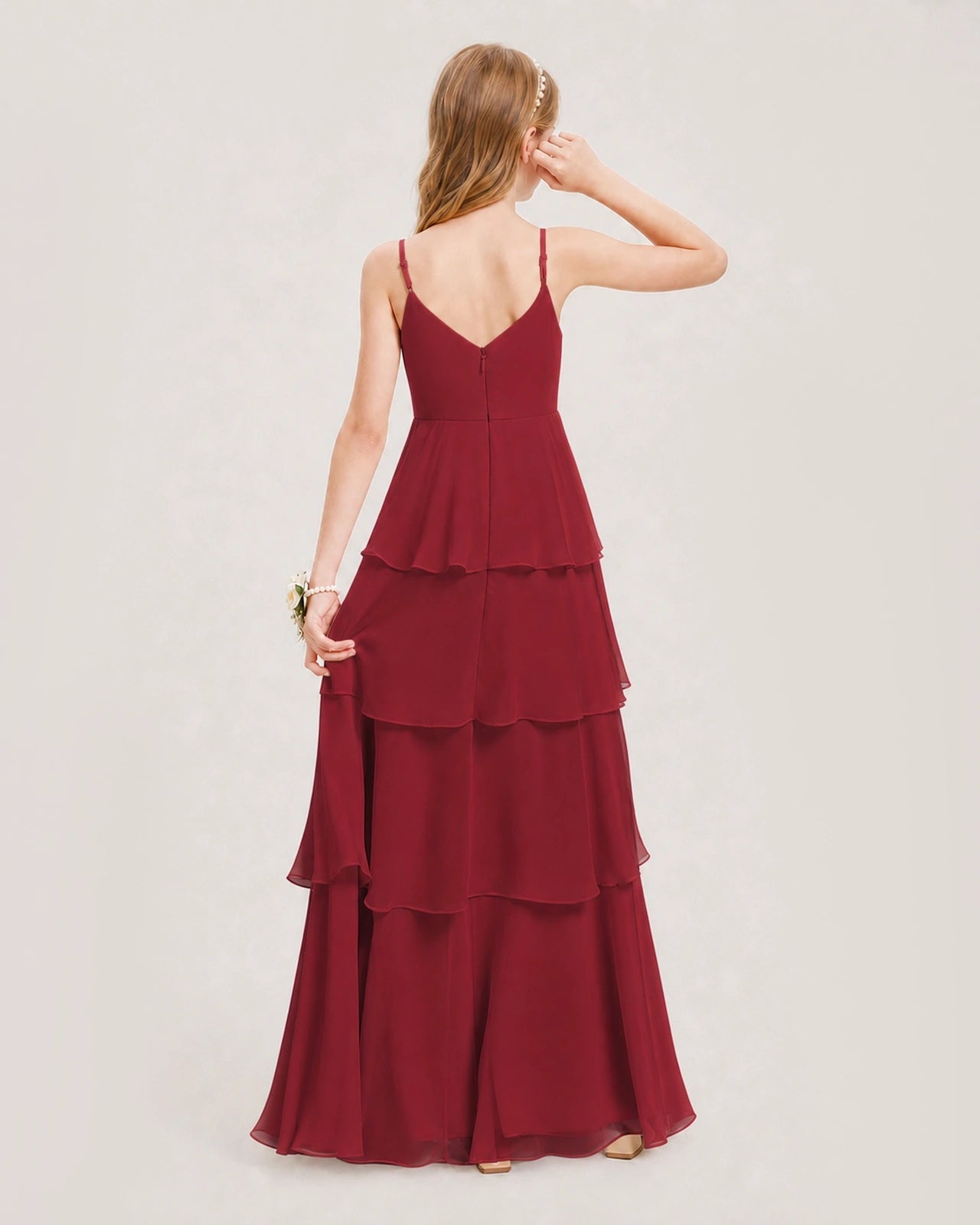 Burgundy Junior Bridesmaid Dress Detachable Cape Tiered Chiffon Floor-Length Gown Back View