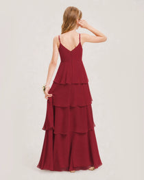 Burgundy Junior Bridesmaid Dress Detachable Cape Tiered Chiffon Floor-Length Gown Back View