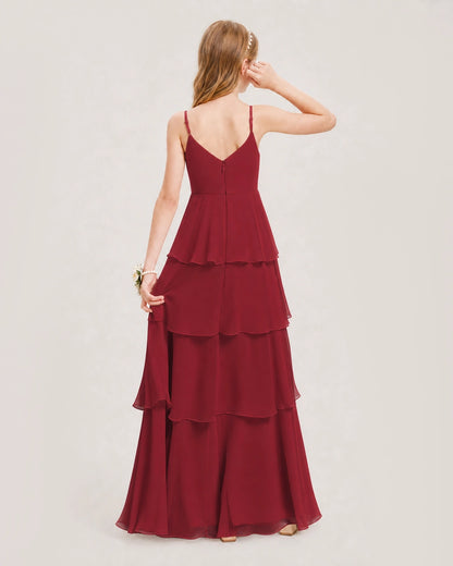 Burgundy Junior Bridesmaid Dress Detachable Cape Tiered Chiffon Floor-Length Gown Back View