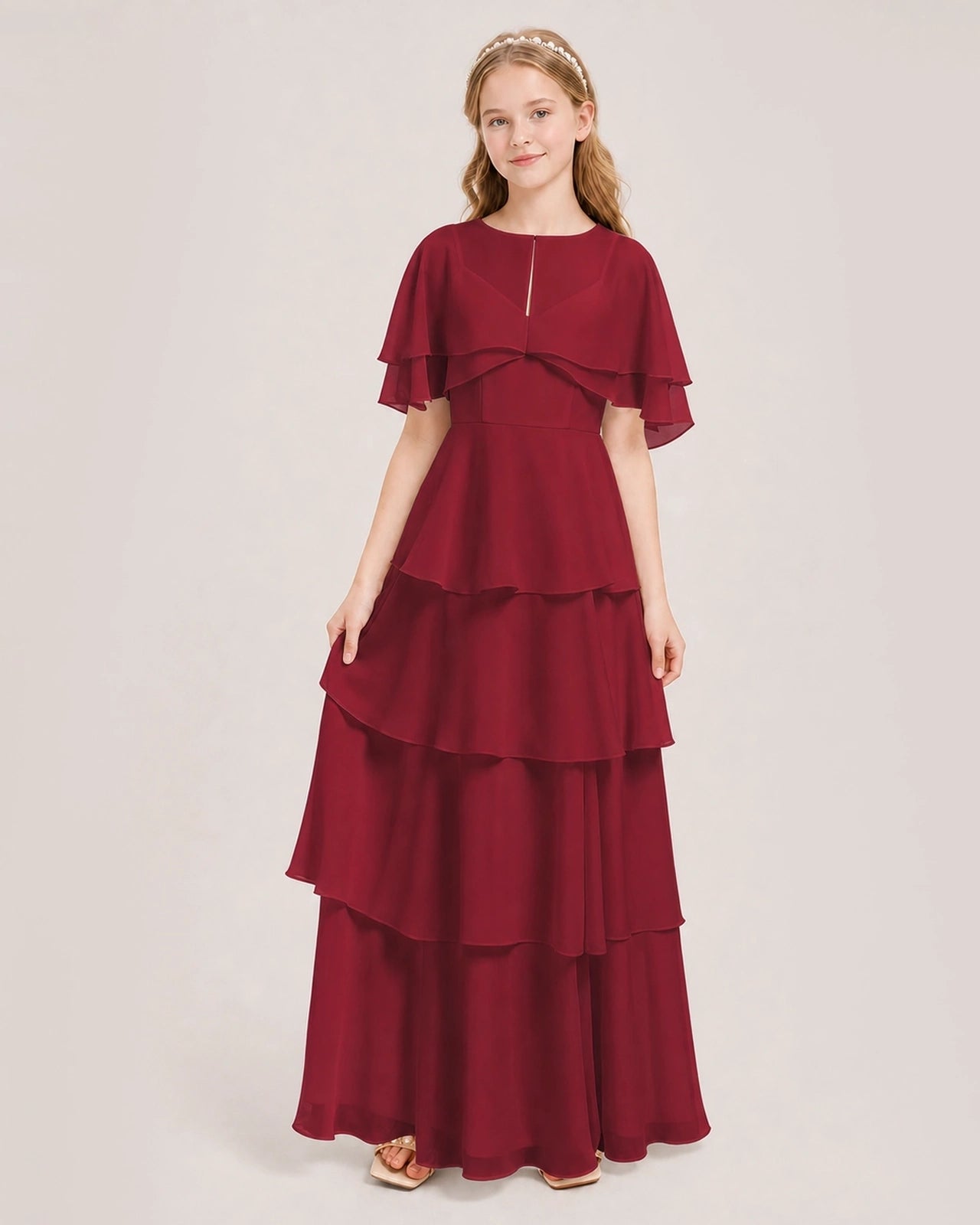 Burgundy Junior Bridesmaid Dress Detachable Cape Tiered Chiffon Floor-Length Gown Front View