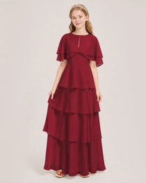 Burgundy Junior Bridesmaid Dress Detachable Cape Tiered Chiffon Floor-Length Gown Front View