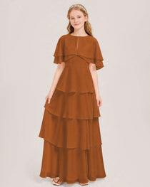 Burnt Orange Junior Bridesmaid Dress Detachable Cape Tiered Chiffon Floor-Length Gown Front View