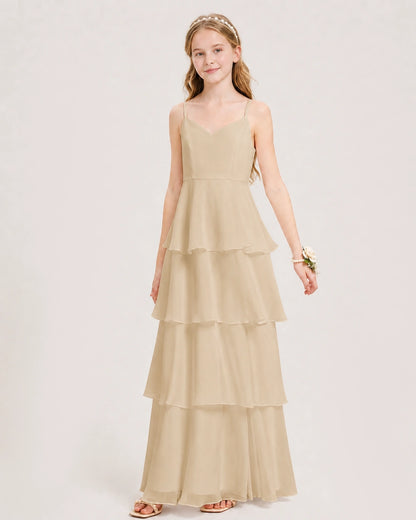Champagne Junior Bridesmaid Dress Detachable Cape Tiered Chiffon Floor-Length Gown Front View