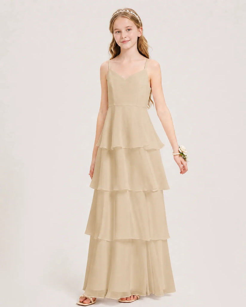 Champagne Chiffon Tiered A-line Junior Bridesmaid Dress Front View