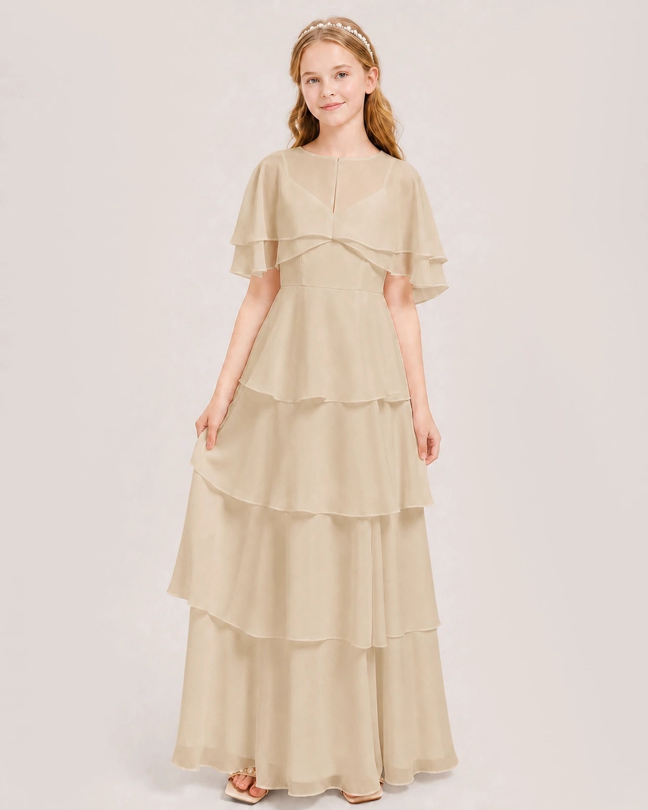 Champagne Junior Bridesmaid Dress Detachable Cape Tiered Chiffon Floor-Length Gown Front View