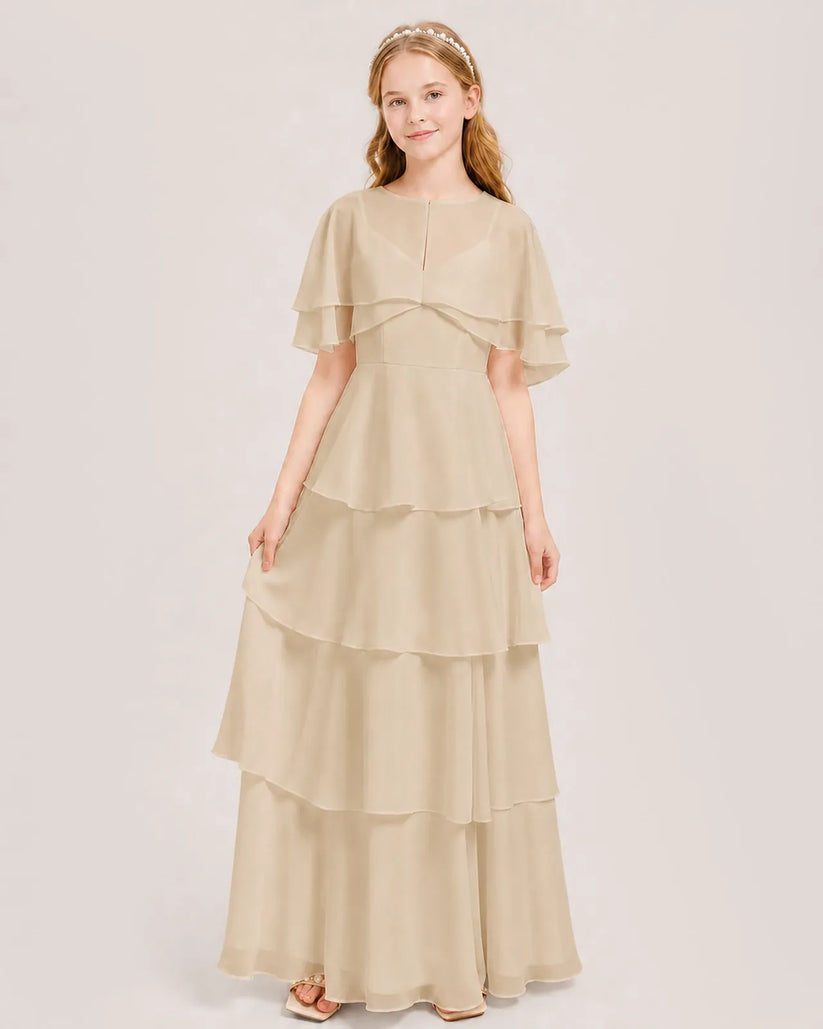 Champagne Chiffon A-line Junior Bridesmaid Dress Front View