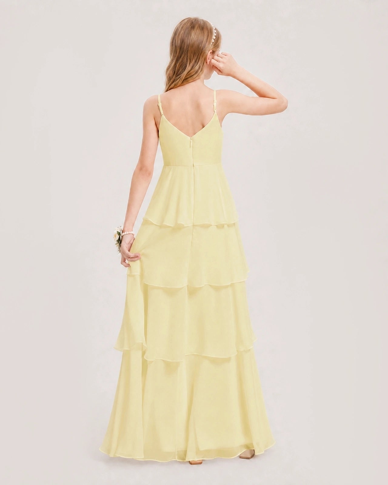 Daffodil Junior Bridesmaid Dress Detachable Cape Tiered Chiffon Floor-Length Gown Back View