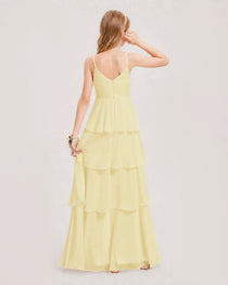 Daffodil Junior Bridesmaid Dress Detachable Cape Tiered Chiffon Floor-Length Gown Back View