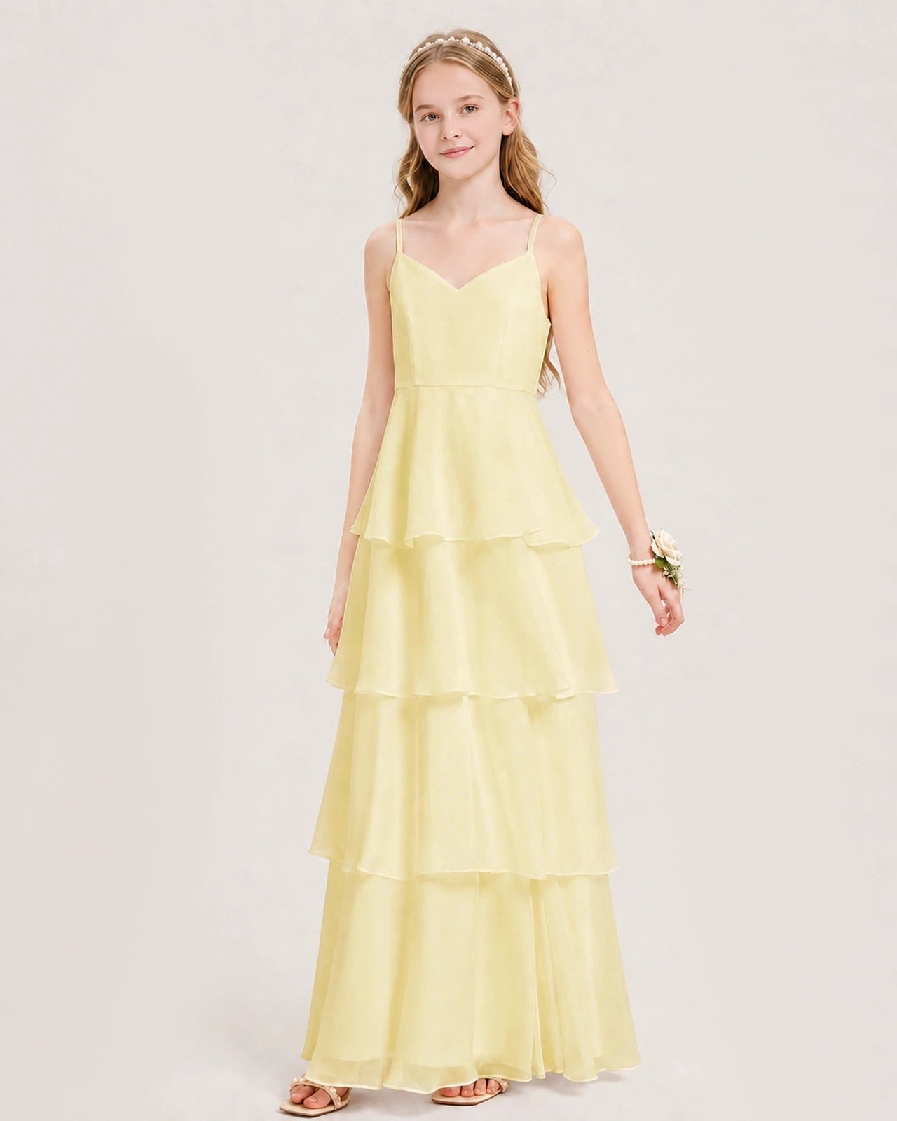 Daffodil Junior Bridesmaid Dress Detachable Cape Tiered Chiffon Floor-Length Gown Front View