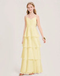 Daffodil Junior Bridesmaid Dress Detachable Cape Tiered Chiffon Floor-Length Gown Front View