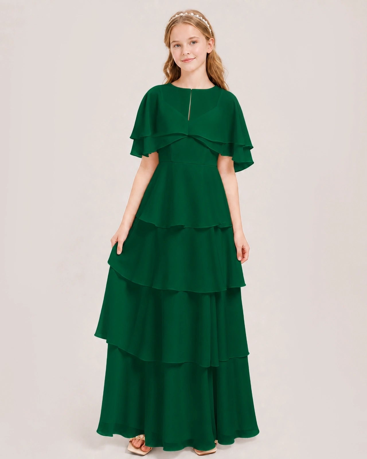 Dark Green Junior Bridesmaid Dress Detachable Cape Tiered Chiffon Floor-Length Gown Front View