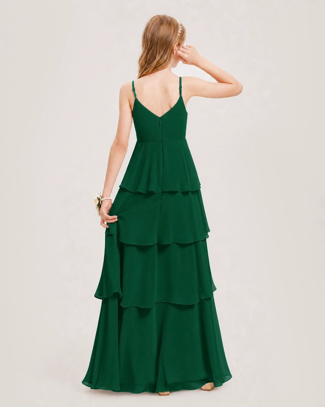 Dark Green Junior Bridesmaid Dress Detachable Cape Tiered Chiffon Floor-Length Gown Back View