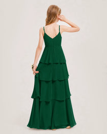 Dark Green Junior Bridesmaid Dress Detachable Cape Tiered Chiffon Floor-Length Gown Back View