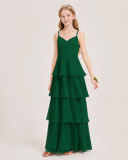 Dark Green Junior Bridesmaid Dress Detachable Cape Tiered Chiffon Floor-Length Gown Front View