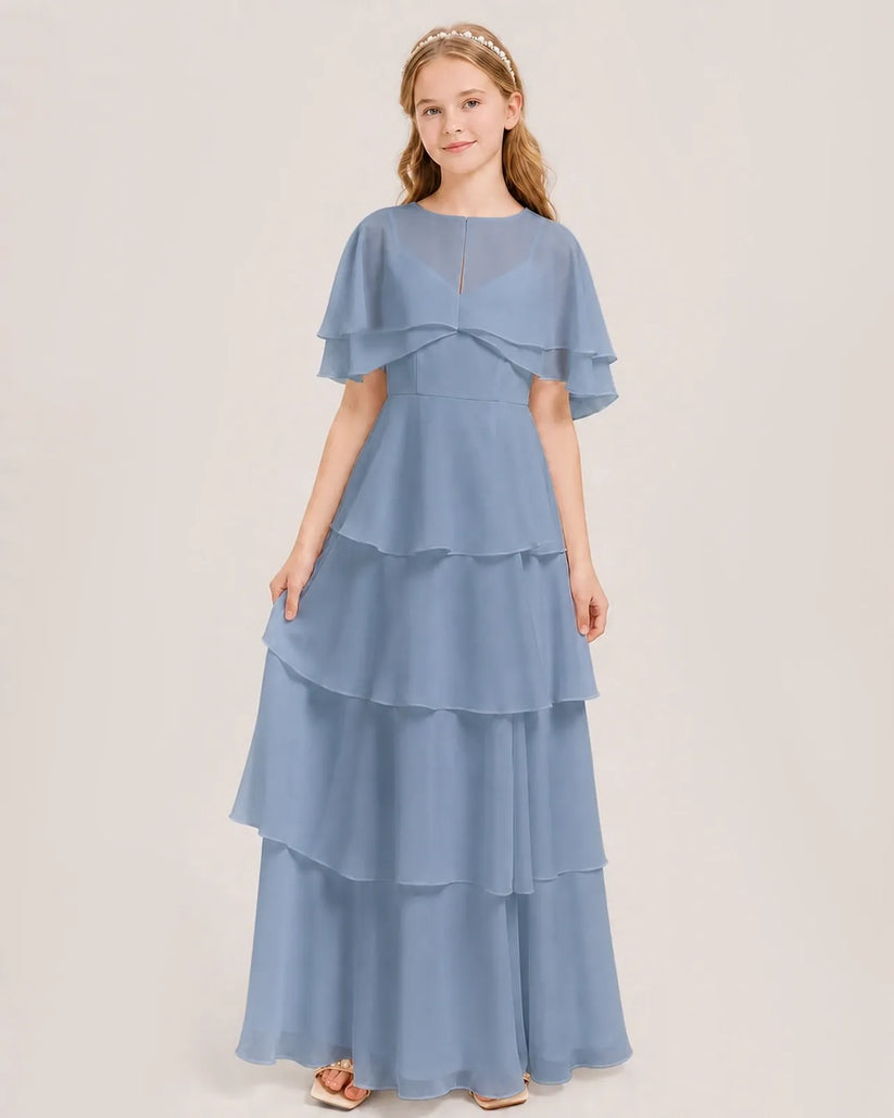 Dusty Blue Chiffon A-line Junior Bridesmaid Dress Front View