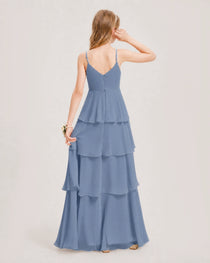 Dusty Blue Junior Bridesmaid Dress Detachable Cape Tiered Chiffon Floor-Length Gown Back View