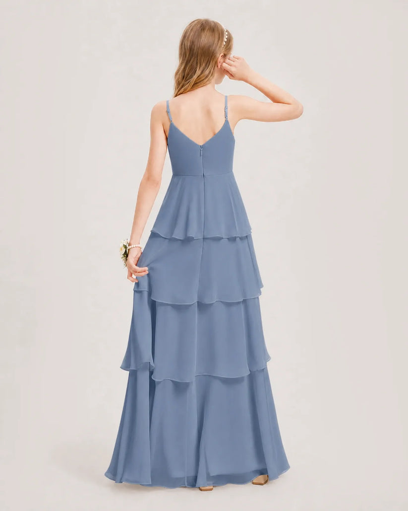 Dusty Blue Chiffon Tiered A-line Junior Bridesmaid Dress Back View