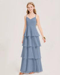 Dusty Blue Junior Bridesmaid Dress Detachable Cape Tiered Chiffon Floor-Length Gown Front View