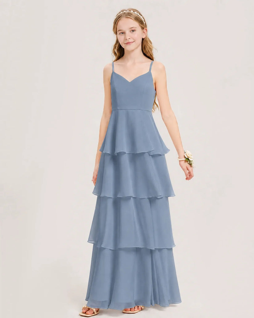 Dusty Blue Chiffon A-line Junior Bridesmaid Dress Front View