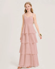 Dusty Rose Junior Bridesmaid Dress Detachable Cape Tiered Chiffon Floor-Length Gown Front View
