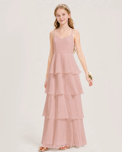 Dusty Rose Junior Bridesmaid Dress Detachable Cape Tiered Chiffon Floor-Length Gown Front View