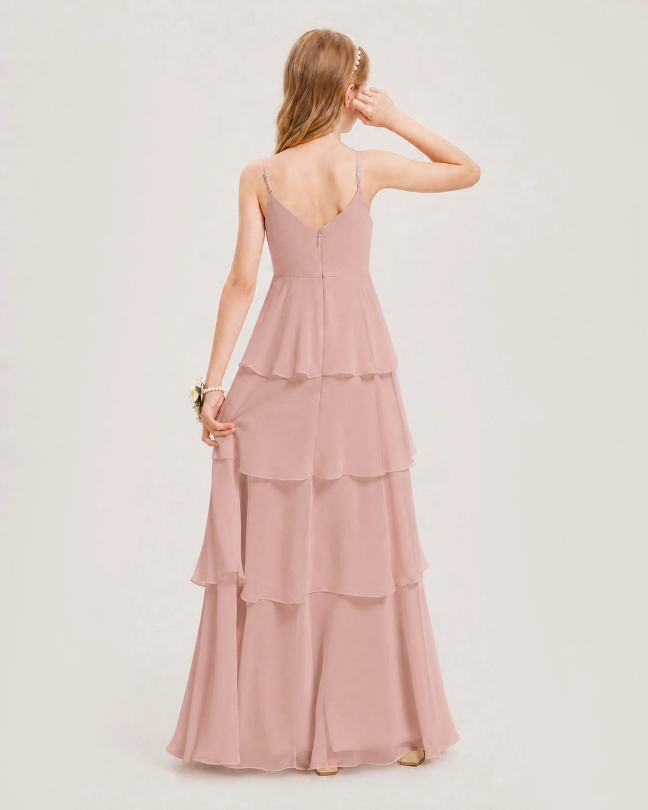 Dusty Rose Junior Bridesmaid Dress Detachable Cape Tiered Chiffon Floor-Length Gown Back View