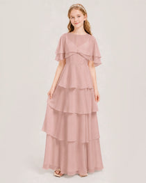 Dusty Rose Junior Bridesmaid Dress Detachable Cape Tiered Chiffon Floor-Length Gown Front View