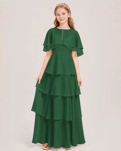 Emerald Green Junior Bridesmaid Dress Detachable Cape Tiered Chiffon Floor-Length Gown Front View