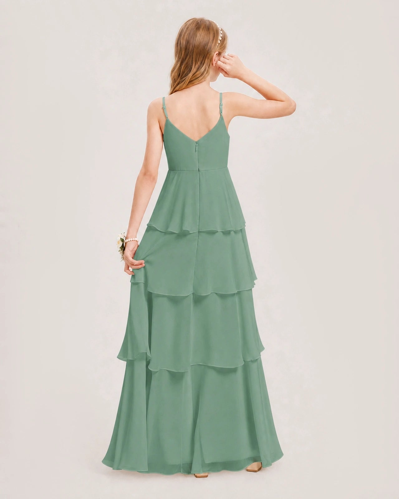 Eucalyptus Junior Bridesmaid Dress Detachable Cape Tiered Chiffon Floor-Length Gown Back View