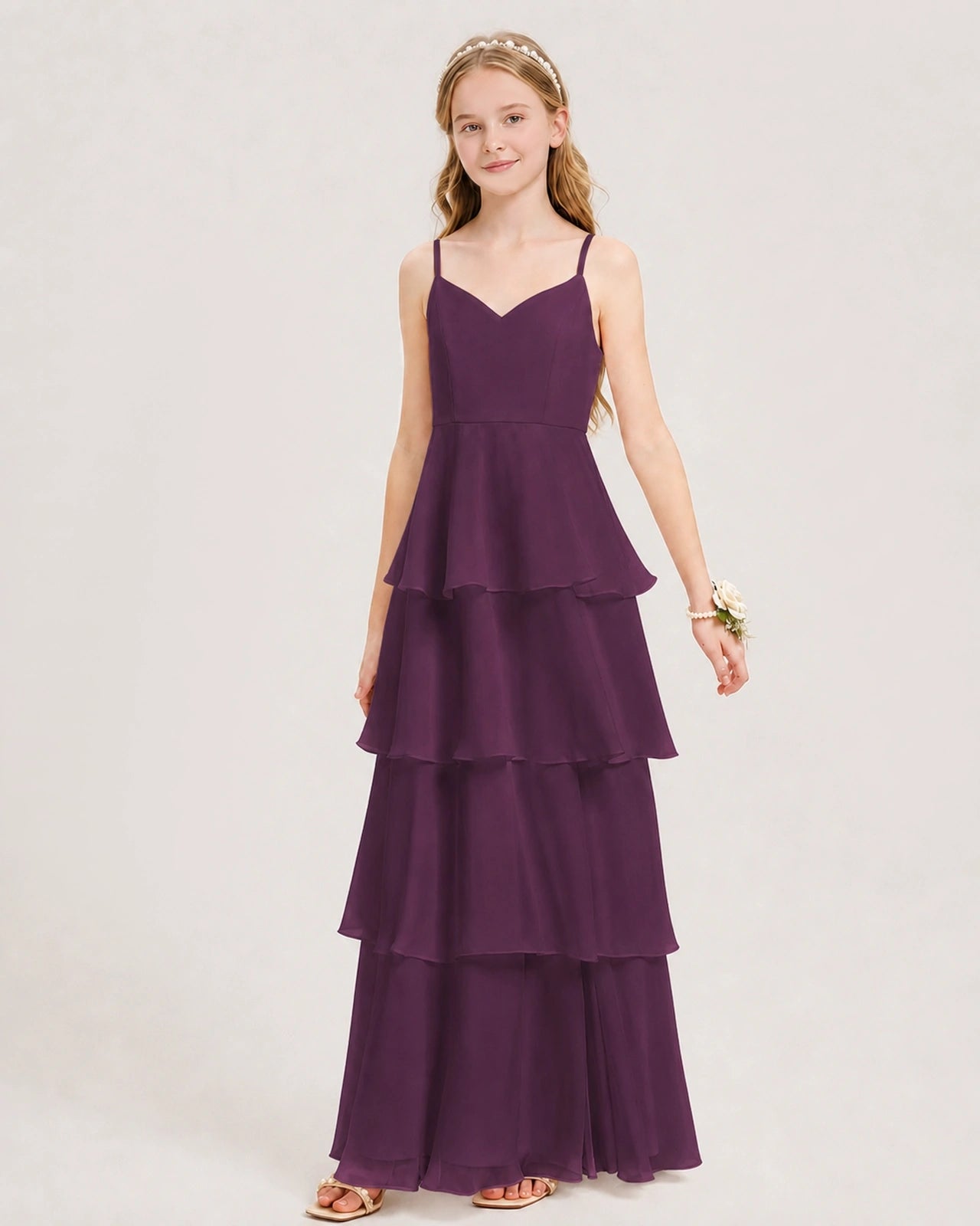 Grape Junior Bridesmaid Dress Detachable Cape Tiered Chiffon Floor-Length Gown Front View