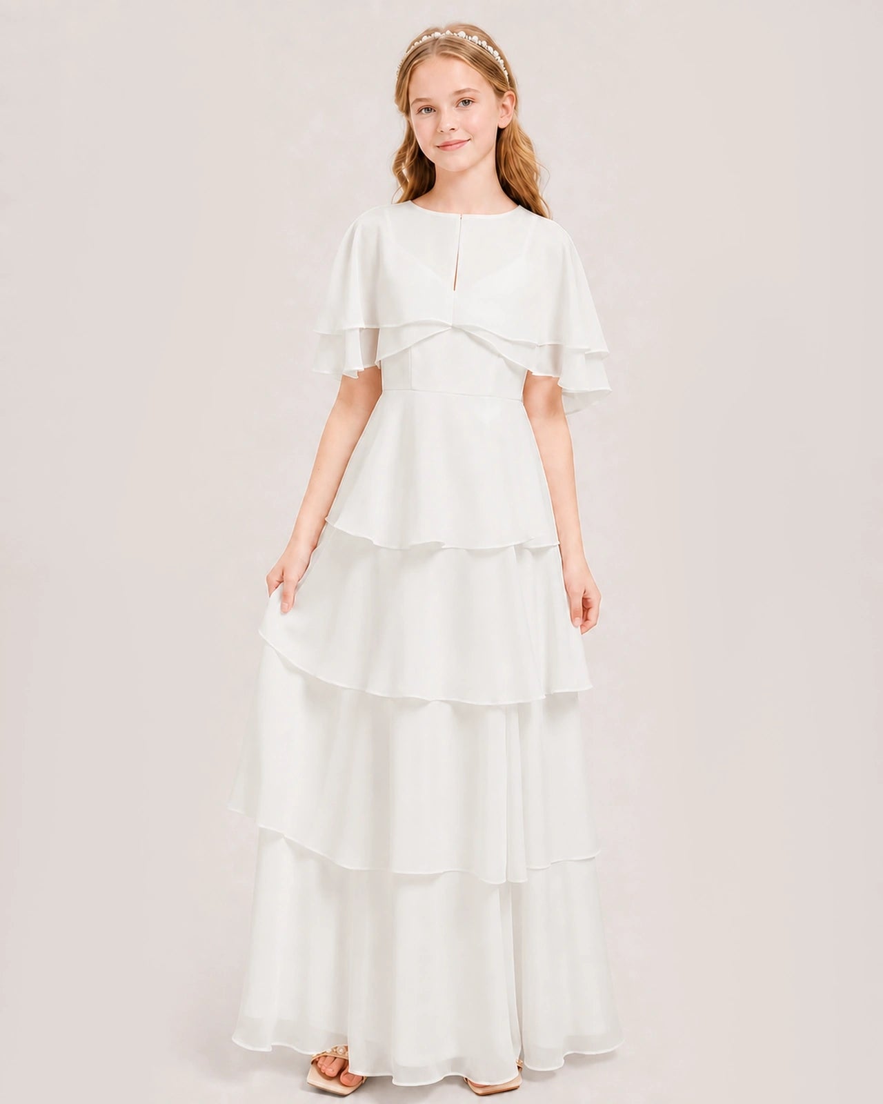 Ivory Junior Bridesmaid Dress Detachable Cape Tiered Chiffon Floor-Length Gown Front View