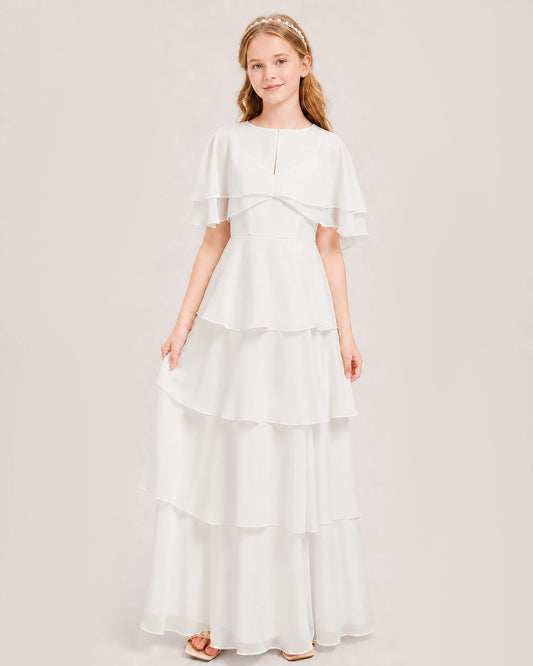 Ivory Junior Bridesmaid Dress Detachable Cape Tiered Chiffon Floor-Length Gown Front View