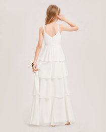 Ivory Junior Bridesmaid Dress Detachable Cape Tiered Chiffon Floor-Length Gown Back View