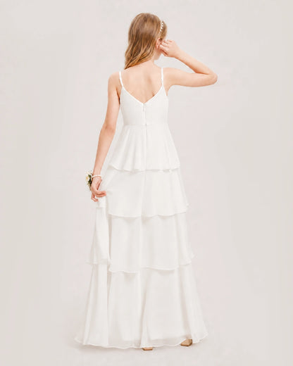 Ivory Junior Bridesmaid Dress Detachable Cape Tiered Chiffon Floor-Length Gown Back View
