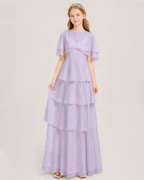 Lavender Junior Bridesmaid Dress Detachable Cape Tiered Chiffon Floor-Length Gown Front View