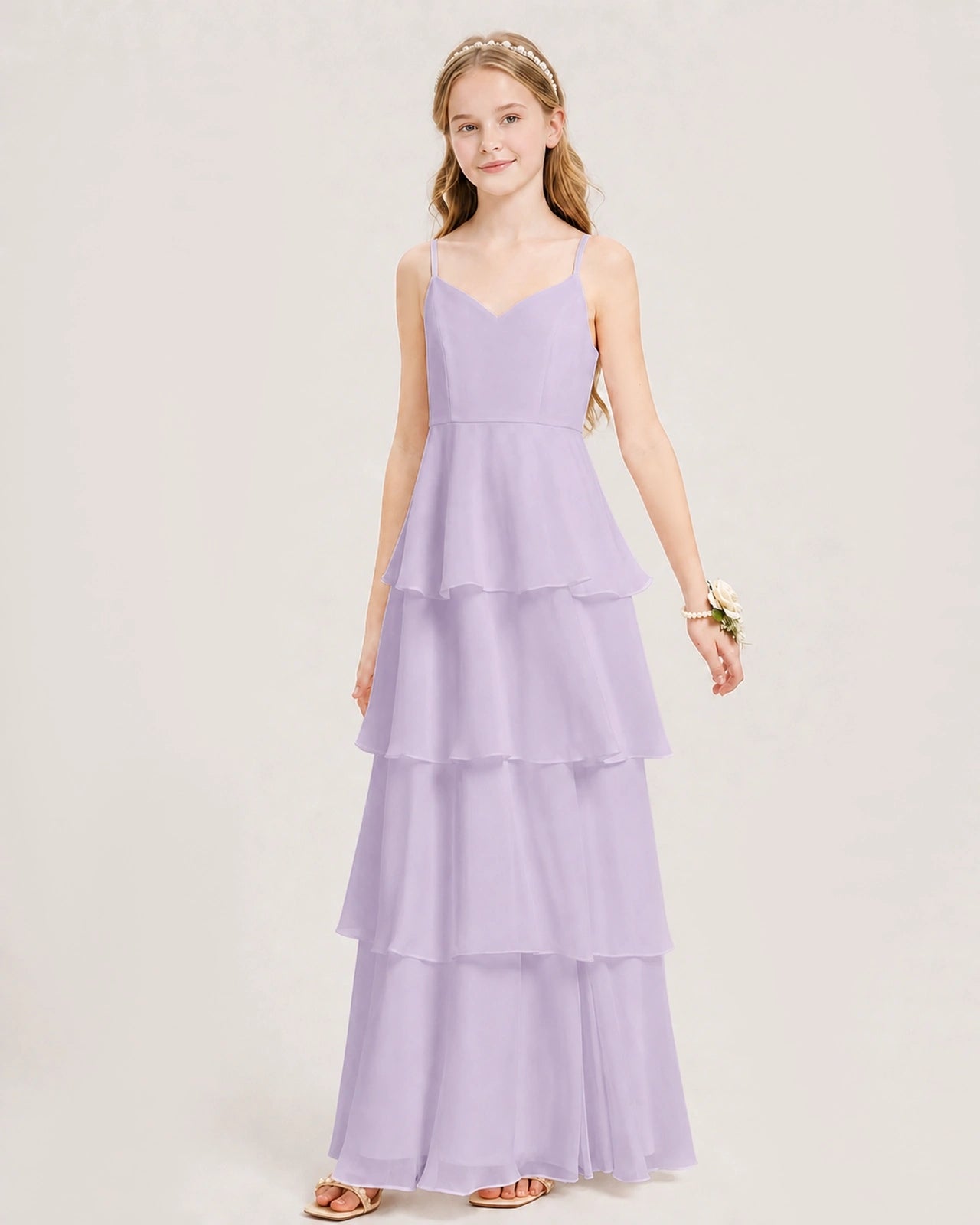 Lavender Junior Bridesmaid Dress Detachable Cape Tiered Chiffon Floor-Length Gown Front View