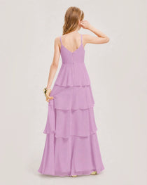 Lilac Junior Bridesmaid Dress Detachable Cape Tiered Chiffon Floor-Length Gown Back View