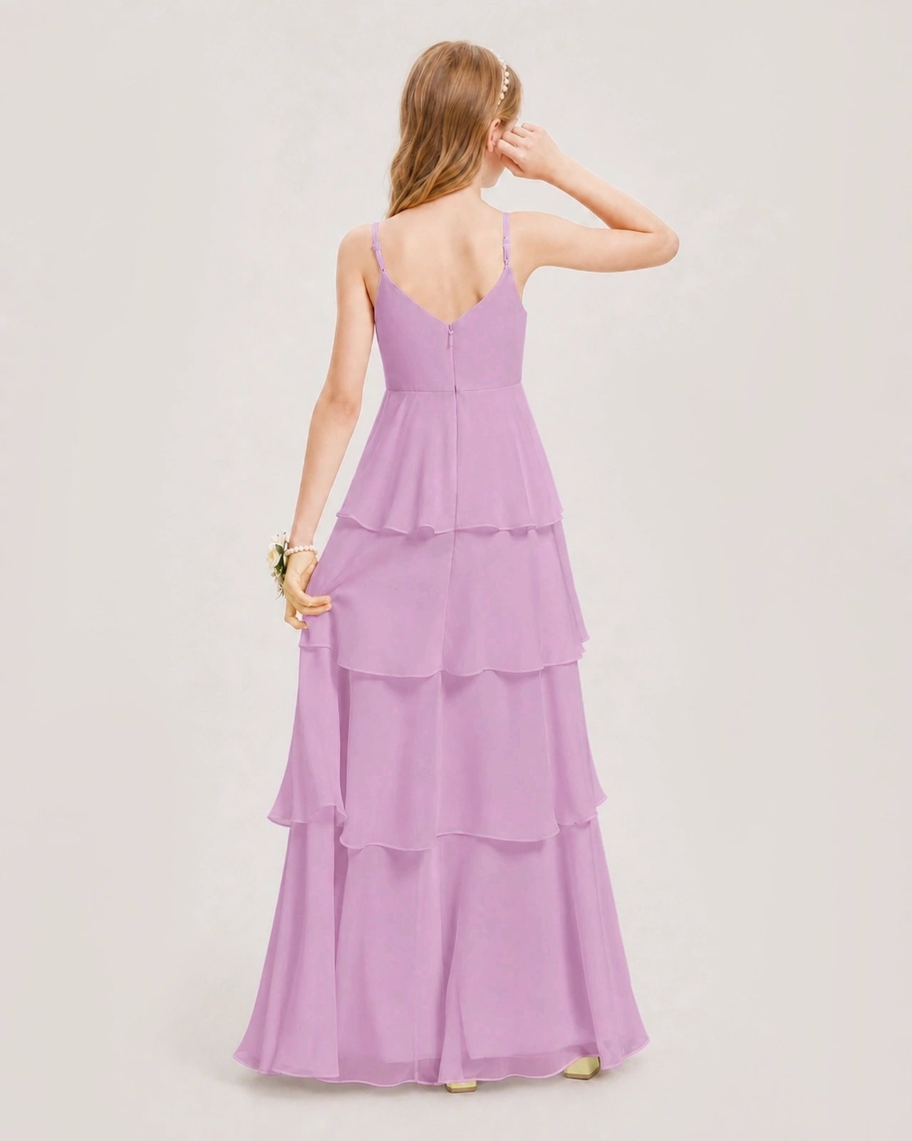 Lilac Junior Bridesmaid Dress Detachable Cape Tiered Chiffon Floor-Length Gown Back View